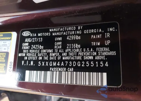 2013 Kia Optima Lx from USA, damaged, VIN 5XXGM4A73DG255154